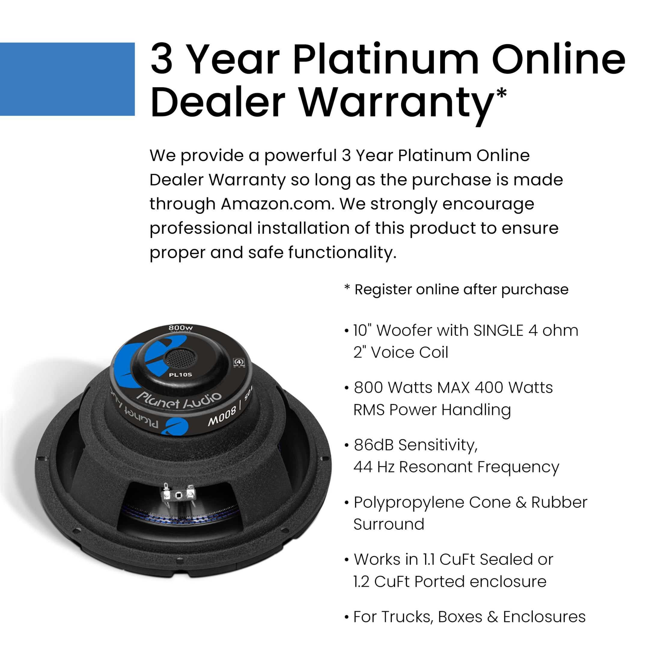 Planet Audio PL10S Anarchy Series 10 inch Car Subwoofer - 800 Watts Max, Single 4 Ohm Voice Coil, Sold Individually, Hook up to Amp