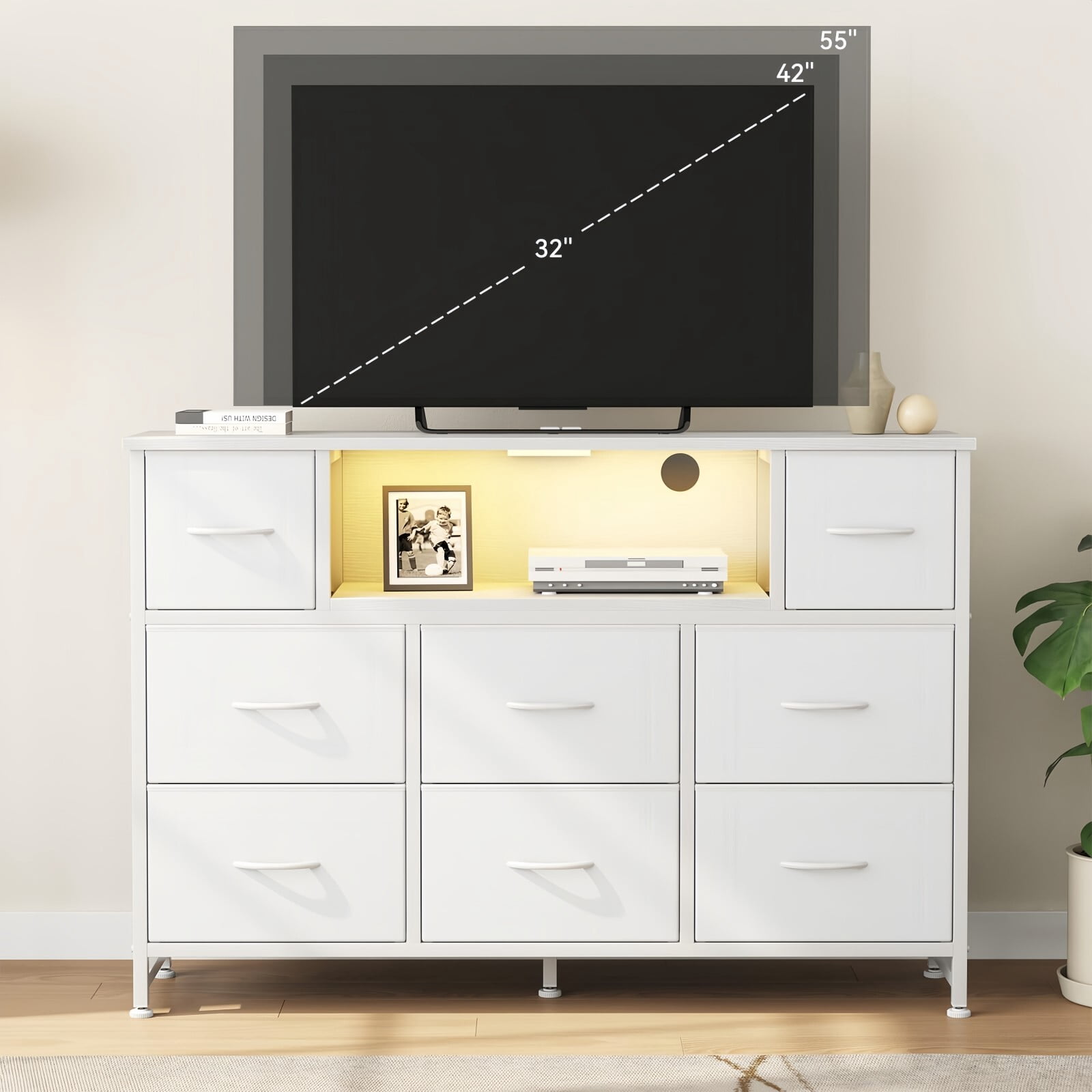 Kelno TV Stand Dresser with 8 Fabric Drawers Open Shelf LED Lights AC USB Charging Station, White