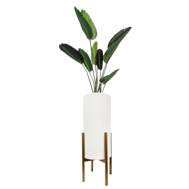 Maceta Cilíndrica Alta Blanca Base Dorada Macetas Y Maceteros Estilo Moderno Elegante y Minimalista