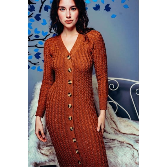 Women's Chunky Cable Knit Ribbed Button Maxi Long Sweater Dress - Brown