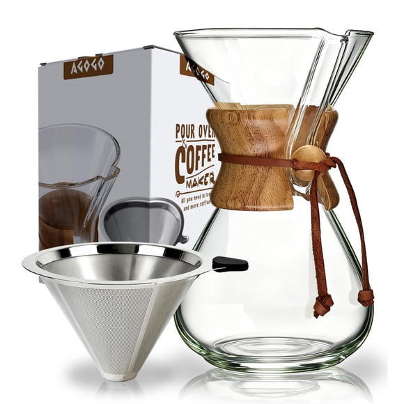 AGOGO Pour Over Coffee Maker Glass - 8 Cup Barista Kit with 304 Stainless Filter for Home, Office, Camping, Cafes - Easy Clean Co
