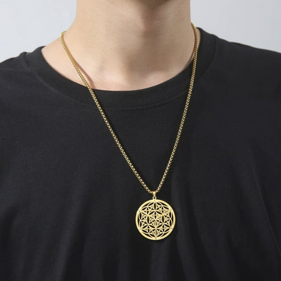 14K Yellow Gold Round Flower of Life Merkaba Pendant Necklace Meditation Charm Golden Silver Color Jewelry Valentine's Day Gifts