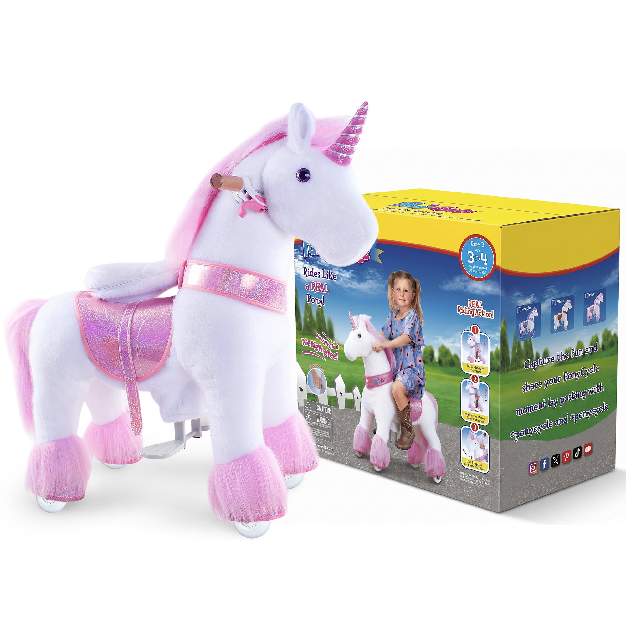 PonyCycle Ride-On Unicorn Toy with Sound and Hand Brake, Kid-Powered, Ages 3–4, Pink, U302
