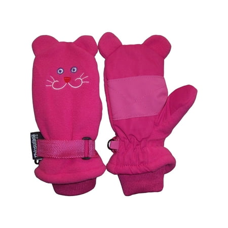 North Face Waterproof Gloves NICE CAPS Little Girls Fuchsia Waterproof and Thinsulate Lined Insulated Kitty Face Winter Snow Mitten - Fits Toddler Children Kids Child Youth Sizes For Cold Weather ()