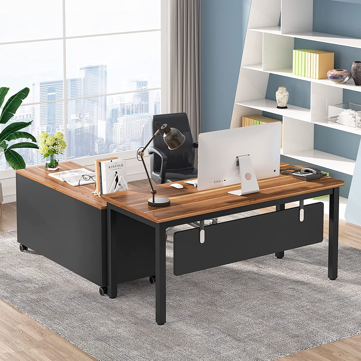 Tribesigns 67 Executive Desk and 55 Lateral File Cabinet, L Shaped Desk with Storage Cabinet & Shelves, Walnut & Black & Grey