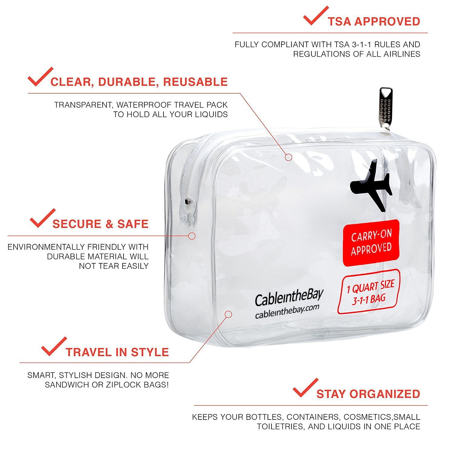 Cableinthebay TSA Approved Clear Travel Toiletry Bag Quart Sized with Zipper Airport Airline Compliant Bag Bottles Men s Women s 3 1 1 Kit Travel 1 PACK Walmart