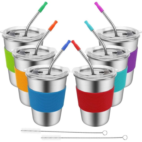 Stainless Steel Cups, 6 Pack 12oz Leak Proof Straw Cup Sippy Tumblers with Lid and Straw, Unbreakable Water Drinking Glasses, Metal Mug for Adult Indoor Outdoor