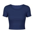 thumbnail image 5 of Naotn Ribbed Crop Tops for Women Summer Casual Solid Color Scalloped Lace Crewneck Short Sleeve Blouses Trendy Holiday Shirts, 5 of 7