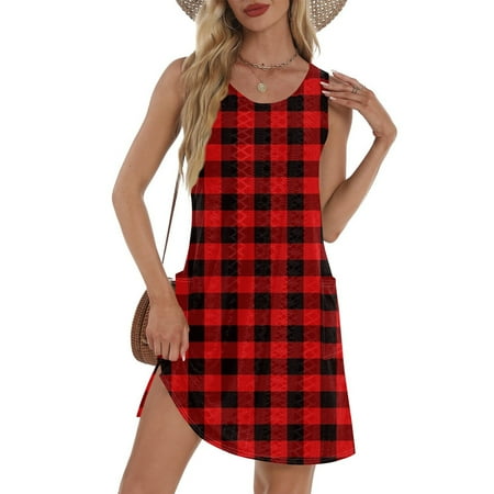 GXIPO Swimdress for Women Bikini Beach Cover Up Summer Dresses for Women 2025 Vacation Tank Hollow Out Sundress Sleeveless Casual Swimsuit Coverup with Pockets Red M