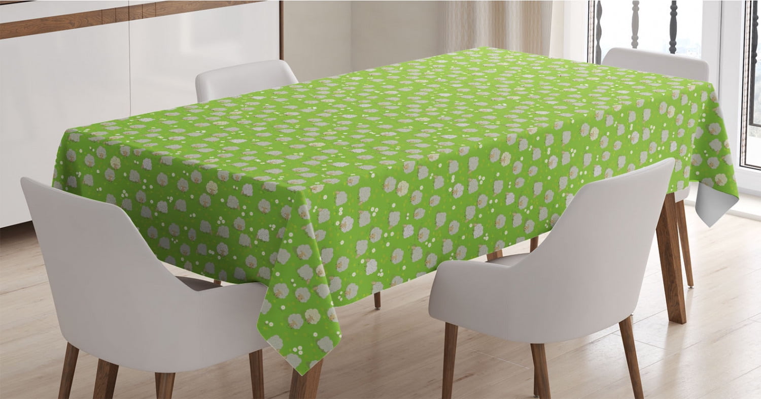 Dining Room Kitchen Rectangular Table Cover Pearl Tan Lime Green 52 X 70 Pattern with Graphic Goat Herd Grazing on Green Meadow Full of Daisies Print Ambesonne Goat Tablecloth 