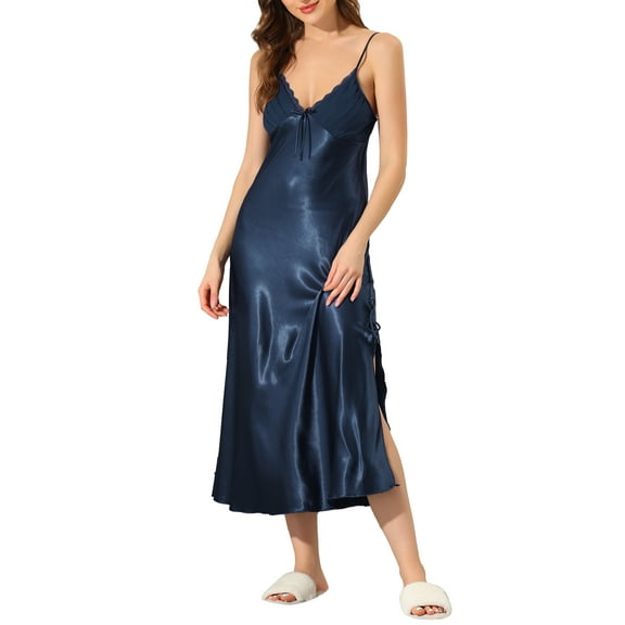 Unique Bargains Women's Satin Pajama V Neck Sexy Nightdress Soft Midi Lounge Dress