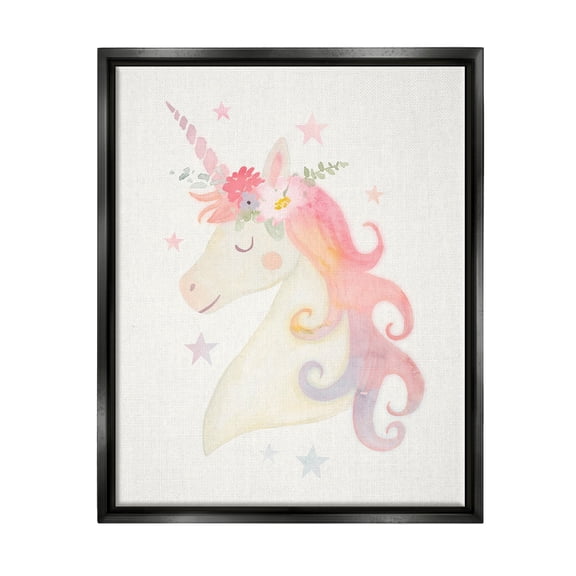 Stupell Industries Charming Unicorn Smiling Flower Crown Stars Design Graphic Art Jet Black Floating Framed Canvas Print Wall Art, Design by Victoria Barnes