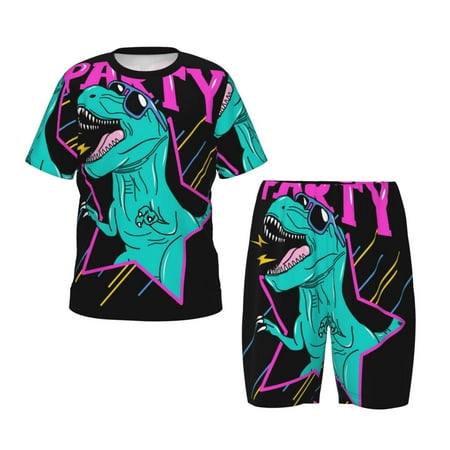 Luyuia Rex Dinosaur With Sunglasses Print Girls  2-Piece Tie-Dye Pajama Set  Cute Summer Loungewear with Shirt and Tank Shorts Nightwear-Large