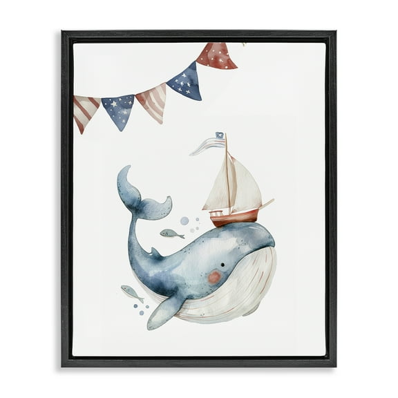 Stupell Industries Cute Sailor Whale Animals Painting Black Floater Framed Canvas Art Print Wall Art, 17 x 21