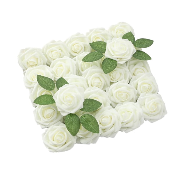 Flores artificiales, rosas artificiales, ramo de novia, centros de mesa, flores de imitación con hojas para Navidad, fiesta del Día de San Valentín Blanco