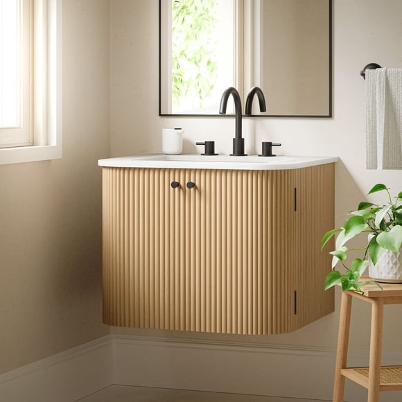 Modway Zia 24" Wall-Mount Bathroom Vanity with Marble Sink in Natural