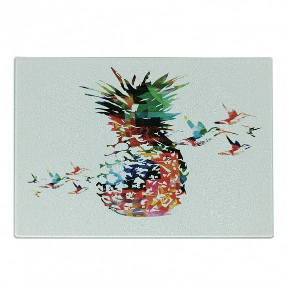 Pineapple Cutting Board, Geometric Pineapple Bursting into Scattering Birds Flight Modern Abstract Print, Decorative Tempered Glass Cutting and Serving Board, Small Size, Multicolor, by Ambesonne