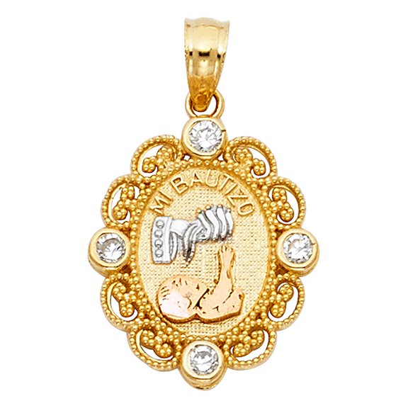 Wellingsale 14K Tri 3 Color Gold Polished Milgrain Ornate Religious Baptism "Mi Bautizo" Charm Pendant with CZ Accent