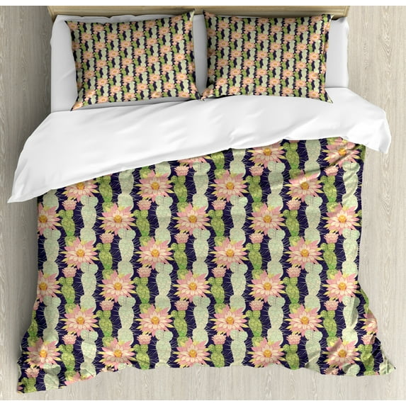 Cactus Spring Flower Duvet Cover Set King Size, Vertically Arranged Details Succulents Hand Drawn Like, Decorative 3 Piece Bedding Set with 2 Pillow Shams, Dark Indigo and Multicolor, by Ambesonne