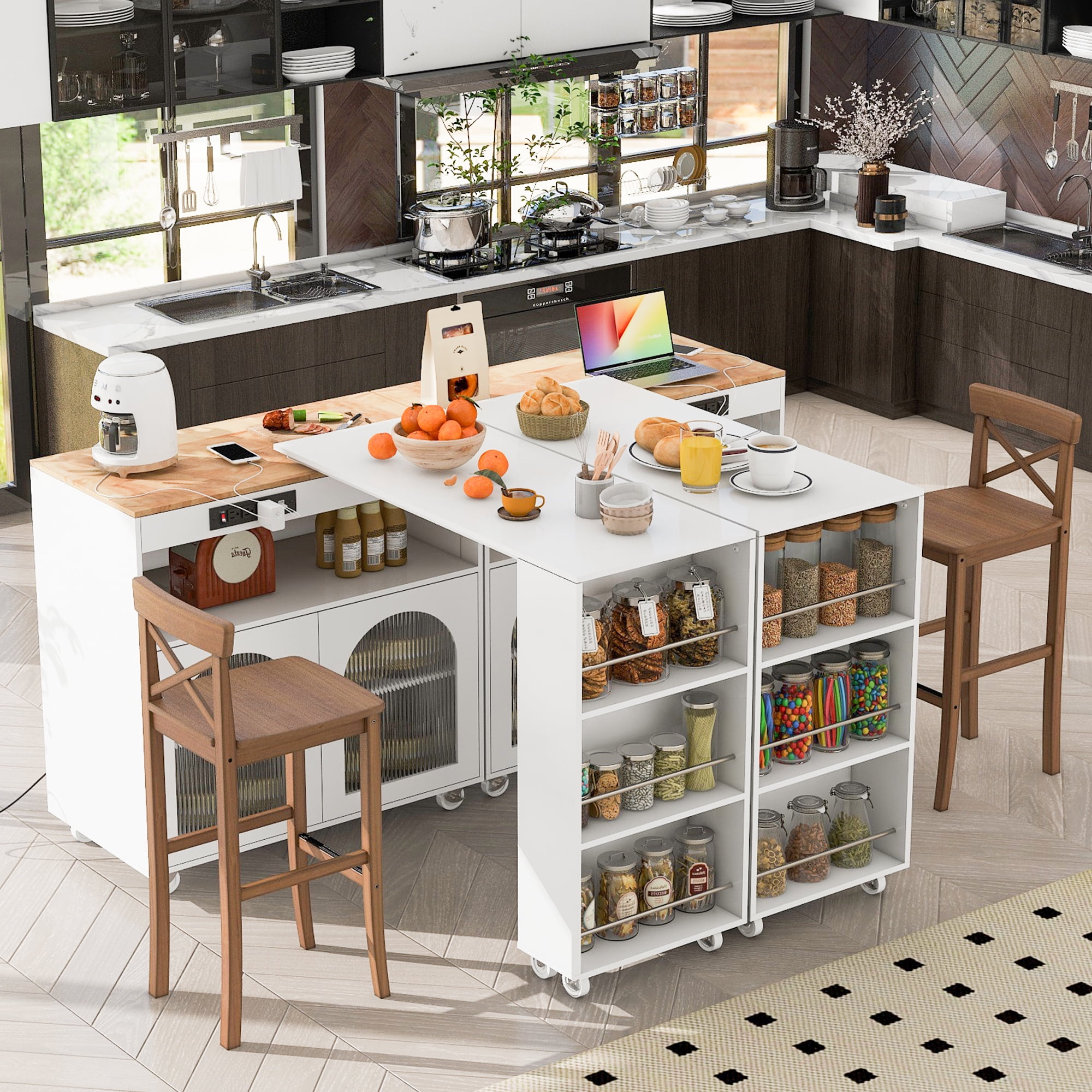 AENKYO Rolling Kitchen Island With Extended Table, Kitchen island on Wheels with LED Lights,Power Outlets,2 Fluted Glass Doors, Storage Compartment and Side 3 Open Shelves,White