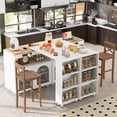 thumbnail image 3 of AENKYO Rolling Kitchen Island With Extended Table, Kitchen island on Wheels with LED Lights,Power Outlets,2 Fluted Glass Doors, Storage Compartment and Side 3 Open Shelves,White, 3 of 12