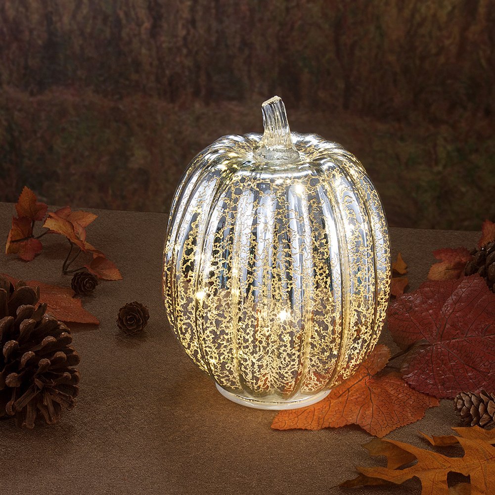 Mercury Glass Home Decor Accents, 7.7" Battery Operated LED Pumpkin