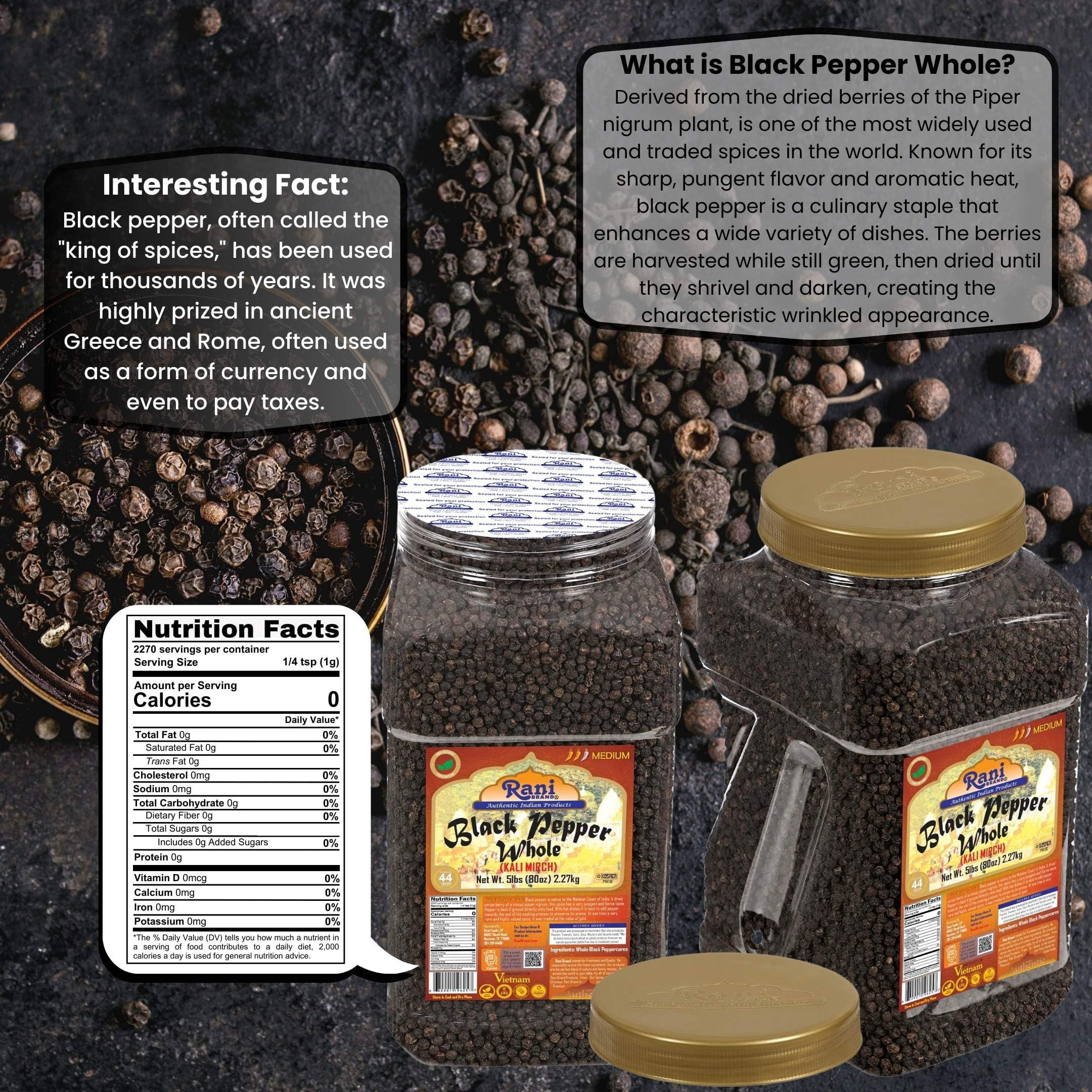 Rani Black Pepper Whole (Peppercorns), Premium MG-1 Grade 80oz (5lbs) 2.27kg Bulk PET Jar ~ All Natural | Gluten Friendly | Non-GMO | Kosher | Perfect size for Grinders!