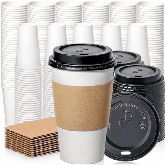 Fit Meal Prep 500 Pack 16 oz Disposable Coffee Cups with Lids, Sleeves, Leak-Proof To Go Coffee Cups with Lids, Durable Paper Cups for Hot Beverage, Home, Office, Party
