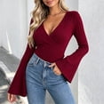 thumbnail image 5 of yillto Womens Sweater Wrap V Neck Flare Long Sleeve Knitted Ribbed Blouses Fashion Slim Sweaters, 5 of 6