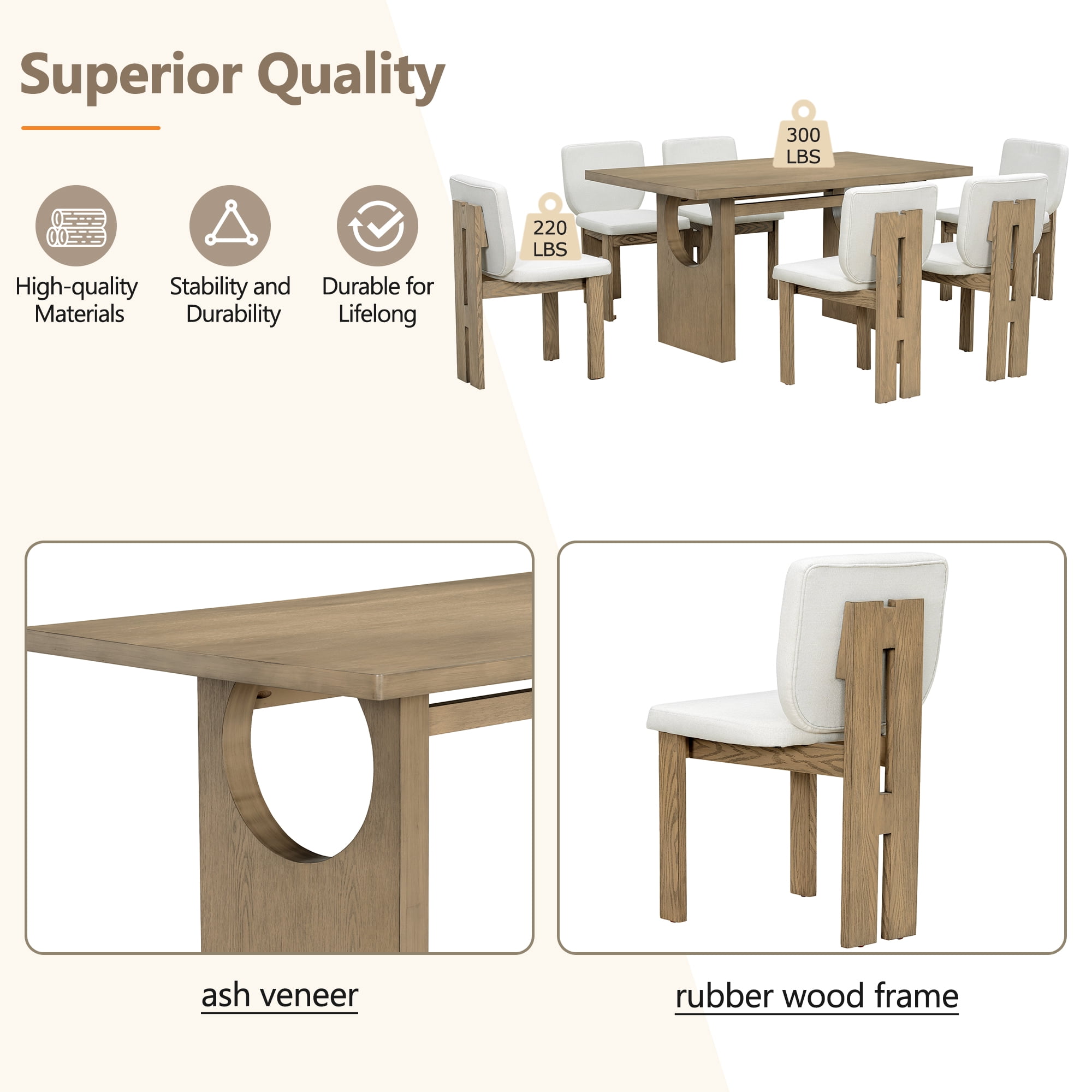 7-Piece Dining Table Set for 6, 60" Rectangular Dining Table with 6 Upholstered Chairs