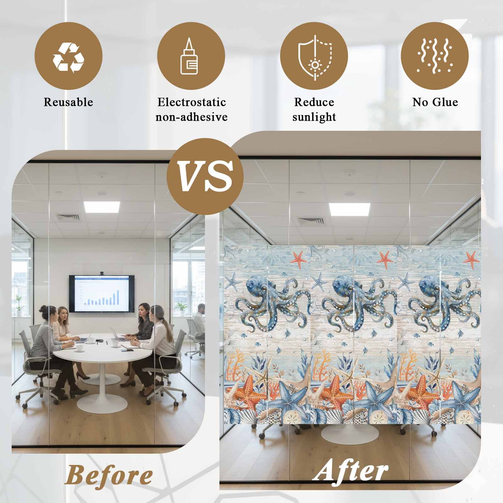 Oceans Marine Life Window Privacy Film, Orange Blue Octopus Starfish Retro Wooden Frosted Glass Window Clings Static Cling UV Heat Blocking Reusable Door Sticker for Bathroom 23.6 x 59 Inch