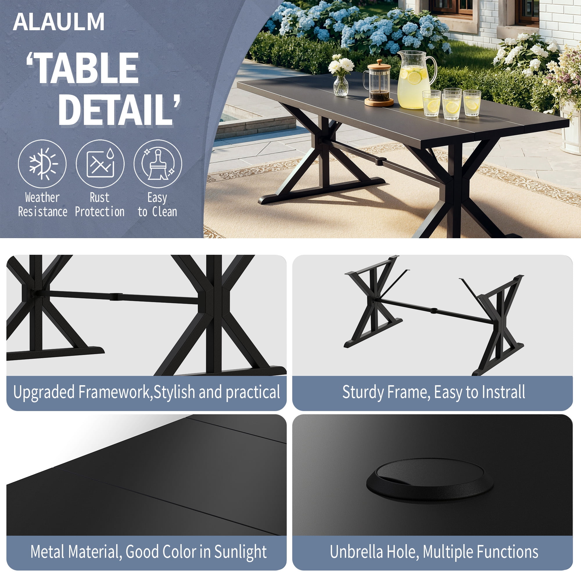 ALAULM 78.2" Rectangular Heavy-Duty Metal Dining Table, Modern Outdoor Patio Table for 8 People, Robust Metal Frame & Reinforced Metal Legs (Brown with Golden Flecks)