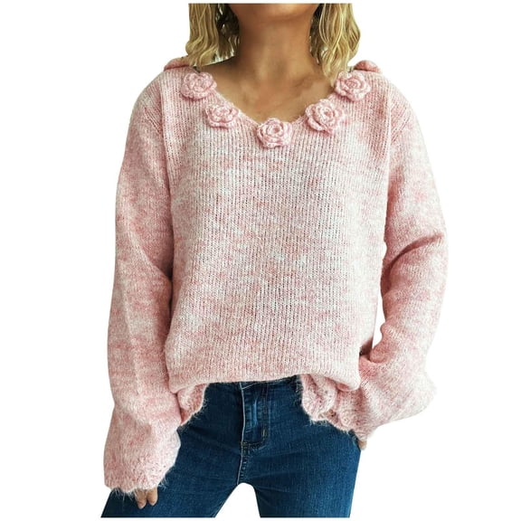 Women's v Neck Lace Floral Jacquard Sweaters Lightweight Fall Knitted Sweater Pullover Loose Long Sleeve Tops