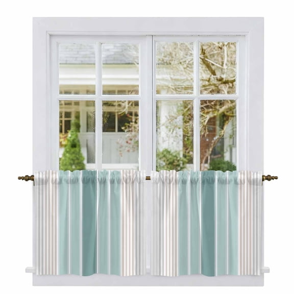 Teal Aqua Stripes Tier Curtains, Minimalist Abstract Vertical Lines Light Filtering Kitchen Curtains, 2Pcs Rod Pocket Half Window Treatments Panels for Sink Cafe Cabinet Camper 27.5x24 Inches