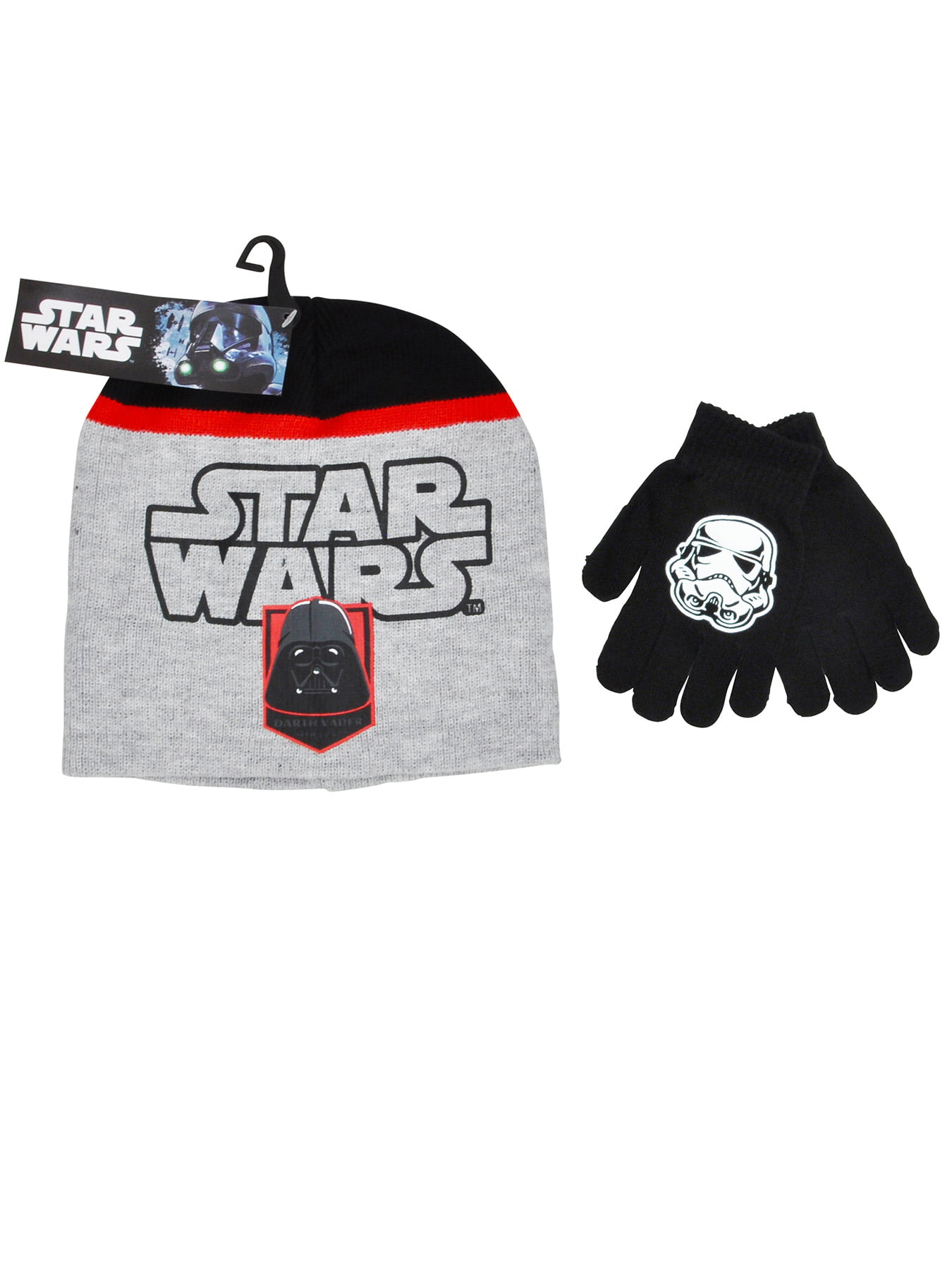 Star Wars Darth Vader Black Grey Knit Beanie Hat Stormtrooper Black Gloves Set