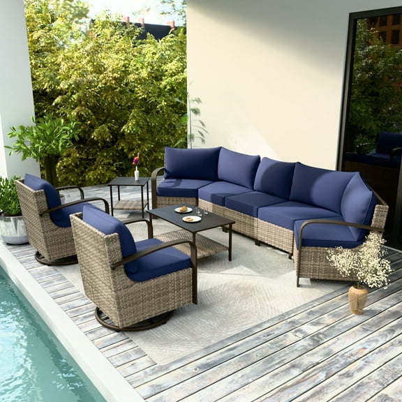 EAGLE PEAK Coastal Vista 9PCS Patio Furniture Outdoor Sectional Sofa Wicker Conversation Set with Rocking Chairs and Coffe Table and Side table, Blue Cushion