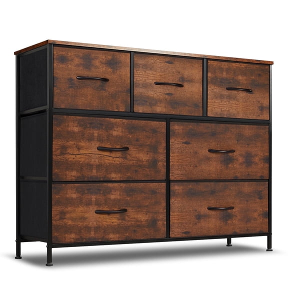 Nextay 7 Drawer Dresser, Wide Chest Of Drawers Nightstand Storage Tower Storage Dresser Fabric Dresser With Wood Top for Living Room, Bedroom, Hallway, , Rust