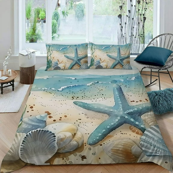 Pratyus Starfish Seashells Beach 3-Piece Bedding Set Easy to Clean Peach Skin Fabric Bedroom Guest Room 87x68in