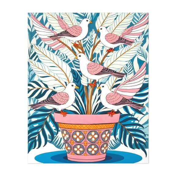 Five Doves In Bloom - Painting Bird Botanical Illustration Floral Tropical Pattern Whimsical Unframed Wall Art Print 6 x 8 inches