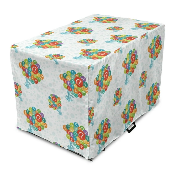 Alphabet Dog Crate Cover, Print of a Group of Balloons Tied Floating in the Sky of Bubbles, Easy to Use Pet Kennel Cover Small Dogs Puppies Kittens, 7 Sizes, Pale Blue Multicolor, by Ambesonne