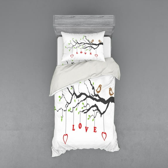Ambesonne Love Bedding Set 3 Pcs, Birds Sitting on a Branch, Twin, Multicolor