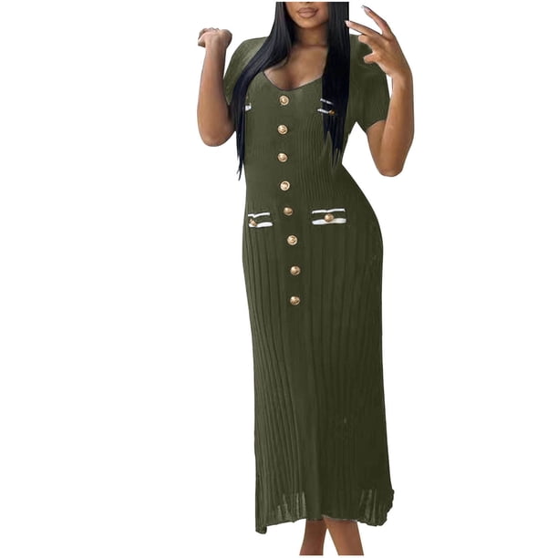 Vestido de Manga Corta para las Mujeres Color Sólido Ajustado V-Cuello Onda Falda Doblado, de Punto Sudadera Falda Larga