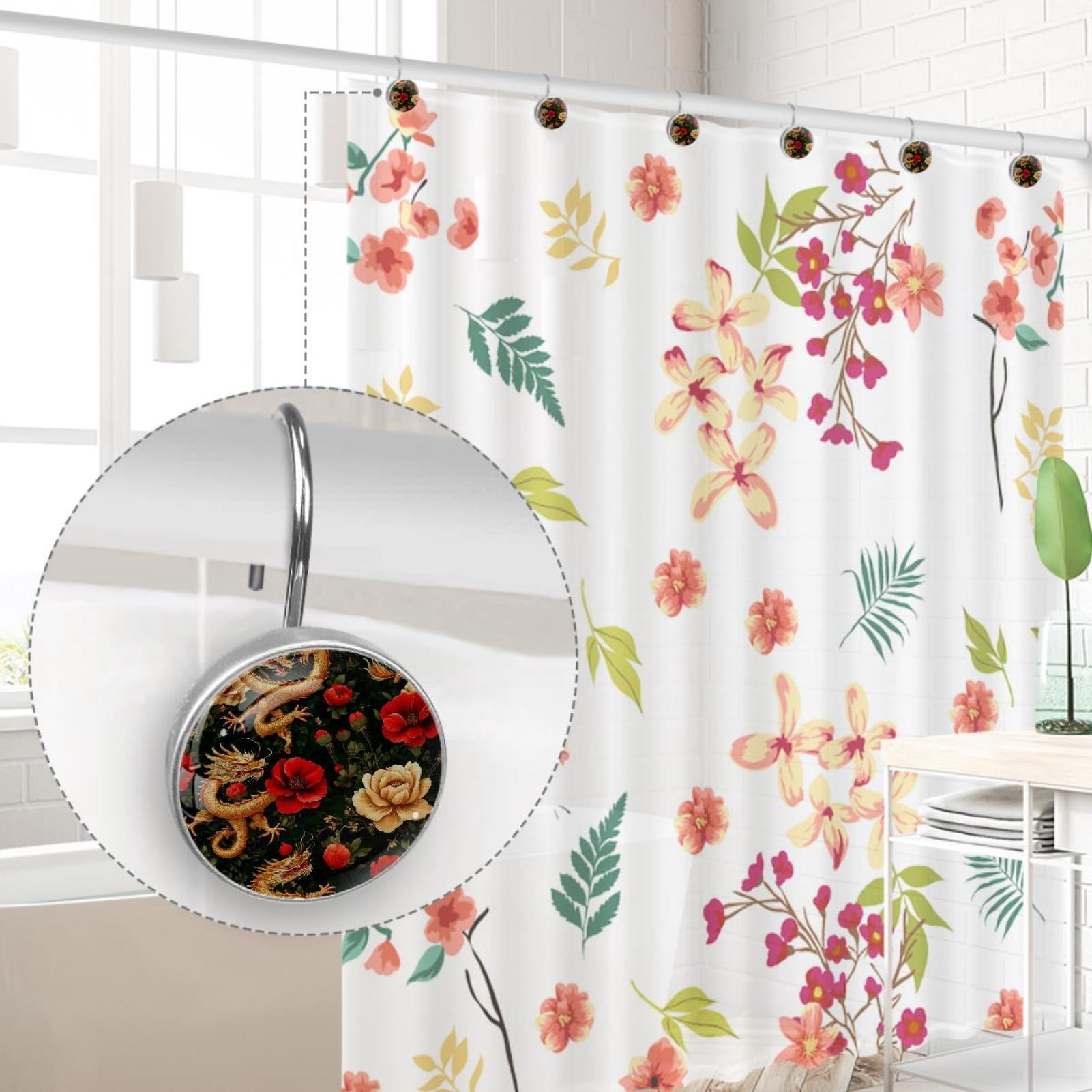 Traditional Dragon Red Poppies Shower Curtain Hooks Round Crystal Glass, Set of 12 Shower Curtain Rings - Shower Hooks for Curtain Shower Rings