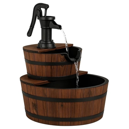 2-Tier Water Fountain Outdoor, Rustic Wood Cascading Waterfall Fountain with Electric Pump, Outside Water Feature with Decorative Hand for Garden Patio Backyard (Fir Wood) Brown