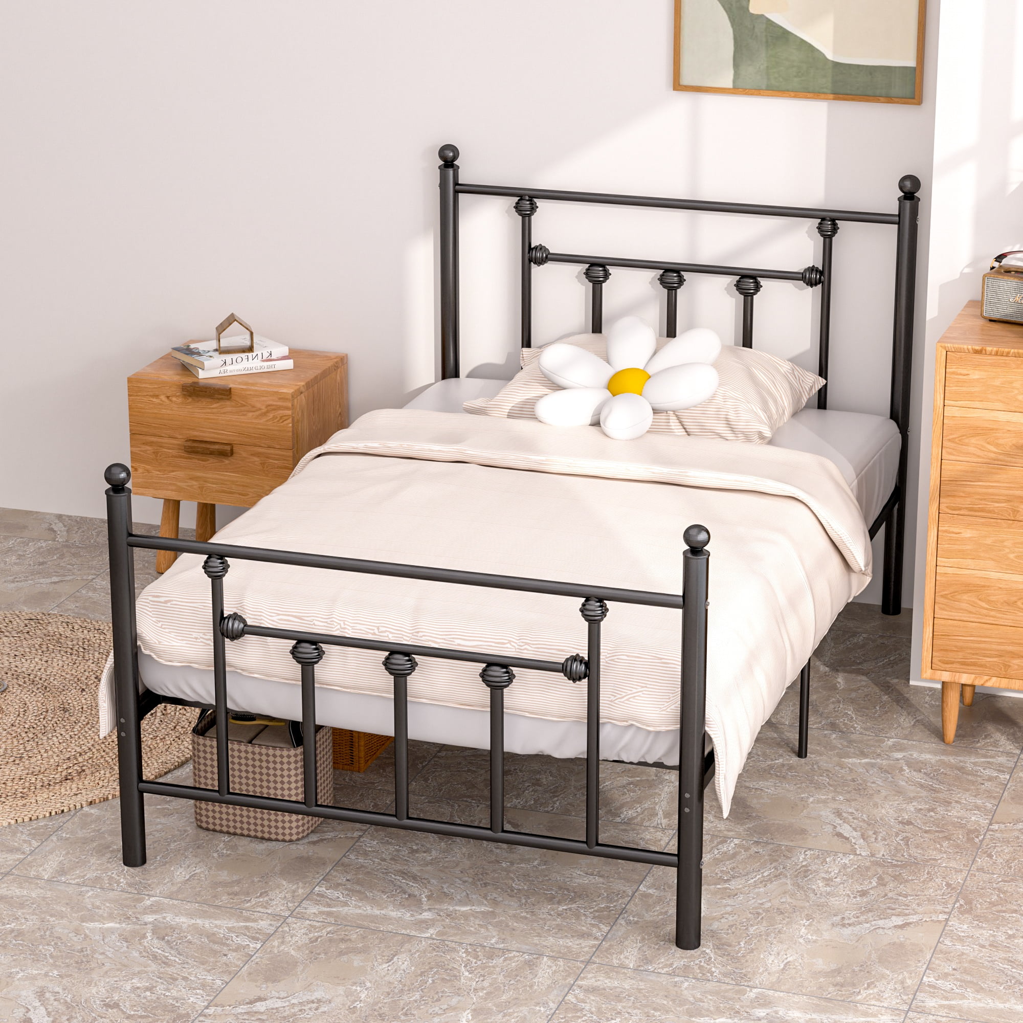 VECELO Twin Size Metal Bed Frame with Headboard & Footboard, Heavy Duty Platform Bed Frame with Steel Slats Support and Mattress Stoppers, No Box Spring Needed, Easy Assembly, Noise-Free, Black