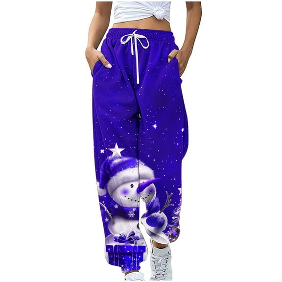 Cavosen Christmas Loose Pants Plus Size Trousers Snowman Elastic Waist Bottoms Drawstring Lightweight Soft Soft Pants