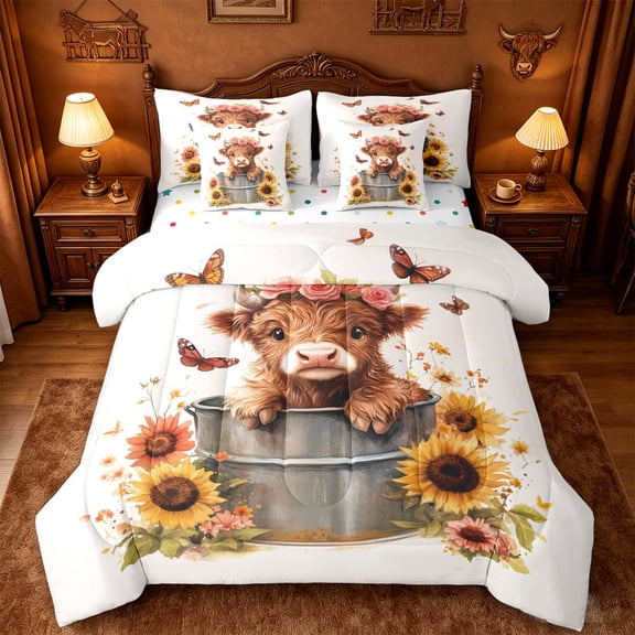 jejeloiu Highland Cow Sunflower 7-Piece Twin Bedding Sets Kids,Floral Farm Print Bedding Comforter Set,Reversible