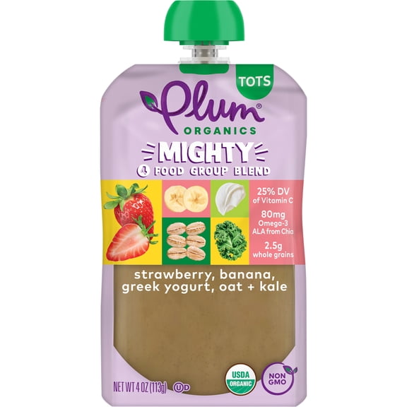 (4 pack) Plum Organics Mighty 4 Blends Strawberry Banana, Greek Yogurt, Kale, Oat & Amaranth, 4oz