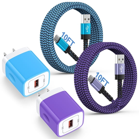 USB C Charger Block Fast Charging, 2 Pack QC 18W Charging Box with 10FT USB C Charging Cable, Type C Charger Android Phone Charger Station Wall Charger Adapter with Type C Phone Charger Cords, Mixed