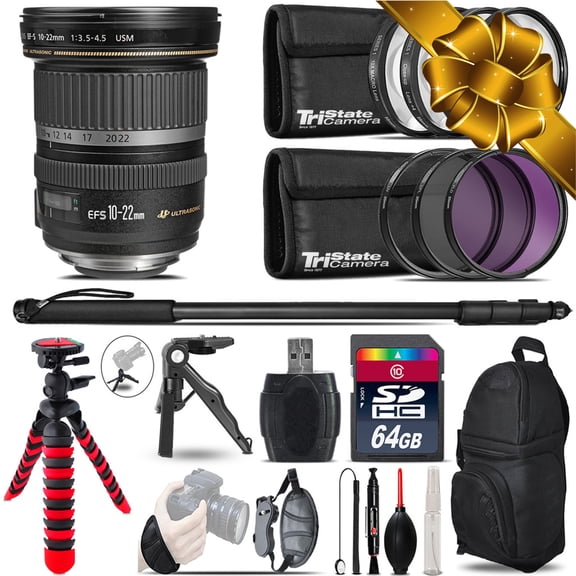 Canon EF-S 10-22mm USM + MACRO, UV-CPL-FLD Filter + Monopad - 64GB Accessory Kit